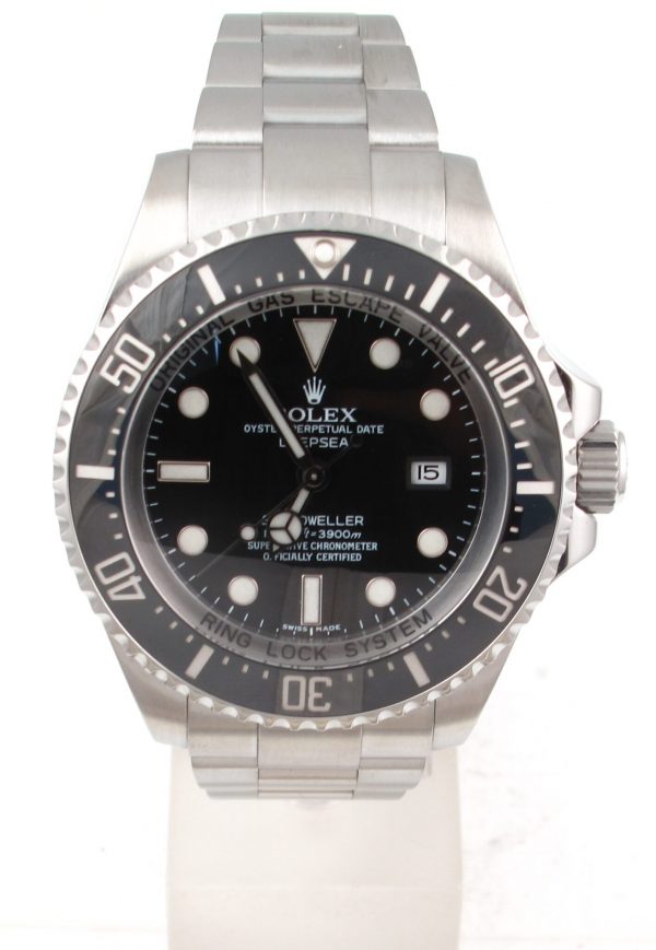 Pre-Owned Rolex DeepSea Sea-Dweller 2010 Stainless Steel Watch With MK1 Black Index Dial And Black Ceramic Bezel With Glide Lock Oyster Band Model# 116660 face