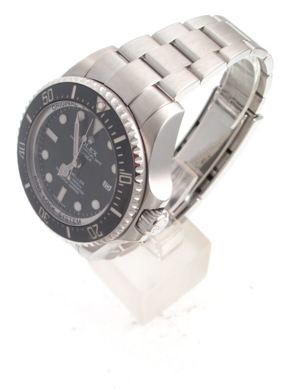 Pre-Owned Rolex DeepSea Sea-Dweller 2010 Stainless Steel Watch With MK1 Black Index Dial And Black Ceramic Bezel With Glide Lock Oyster Band Model# 116660 side View