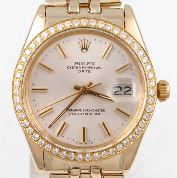 Pre-owned 1974 Vintage Rolex 34MM Date Watch 14k Yellow Gold With Silver Stick Dial With Diamond Bezel Model 1503