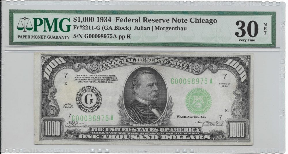 1934 $1000 FEDERAL RESERVE NOTE SAN FRANCISCO VF30 NET