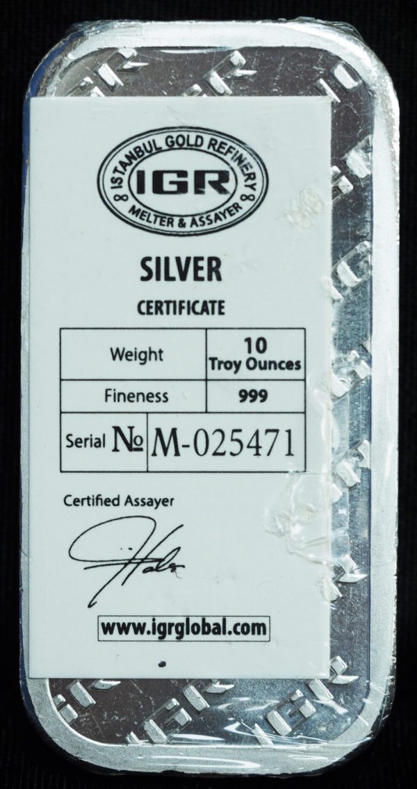 10 Oz Silver Bar .999 Fine Silver IGR coa