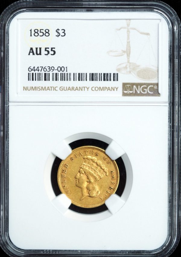 1858 $3 Gold Piece Indian Princess AU55 NGC obverse