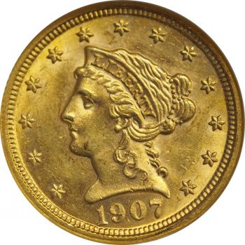 1907 $2.5 Gold Quarter Eagle Liberty Head MS62 NGC close up