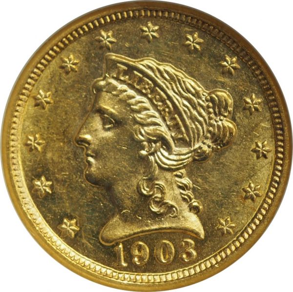 1903 $2.5 Gold Quarter Eagle Liberty Head MS62 NGC close up