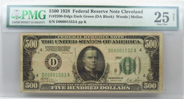 1928 $500 Federal Reserve Note Cleveland VF25 Dark Green