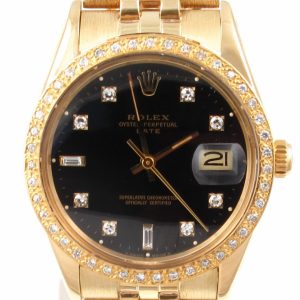 1980 Pre-owned Vintage Rolex Date 34MM Watch 14k Yellow Gold With Black Diamond Dial With Diamond Bezel Model 15037 Front Facing Close Up