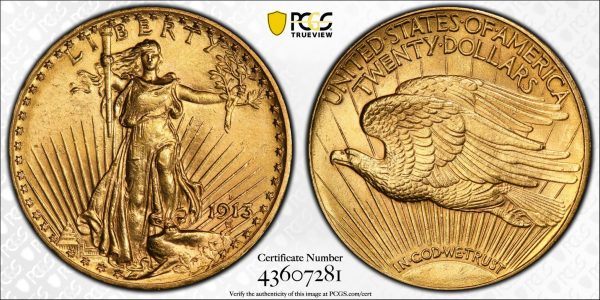 1913-D $20 Saint-Gaudens Gold Double Eagle MS62 True View