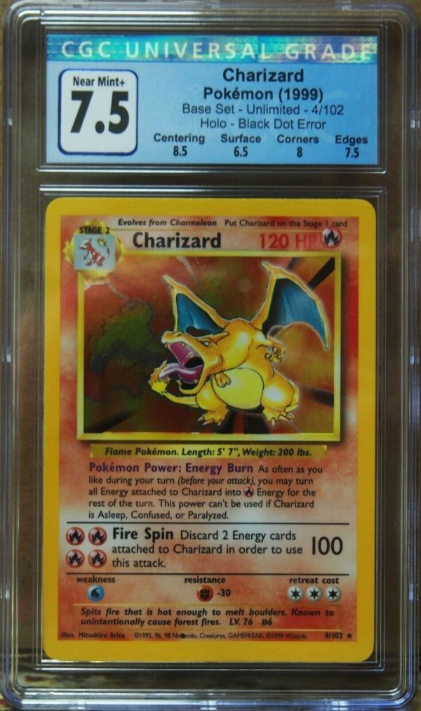 1999 Charizard 2/102 Base Set Pokémon Black Dot Error Card 7.5 NM CGC