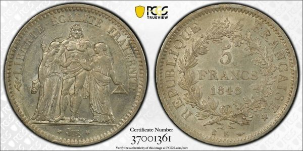 1848-K France 5 Francs MS60 PCGS