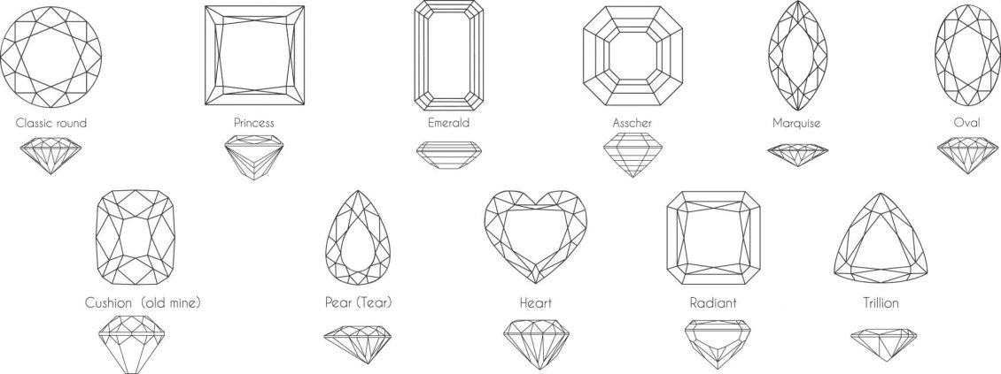 Diamond shapes chart: Pear diamond, cushion diamond, ascher diamond, solitaire diamond, heart diamond