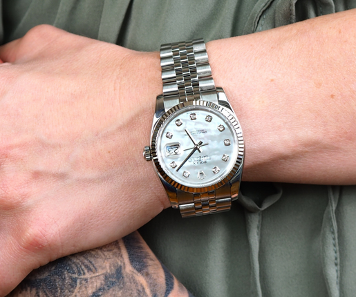 pre owned rolex datejust stainless steels ladies with mother of pearl dial