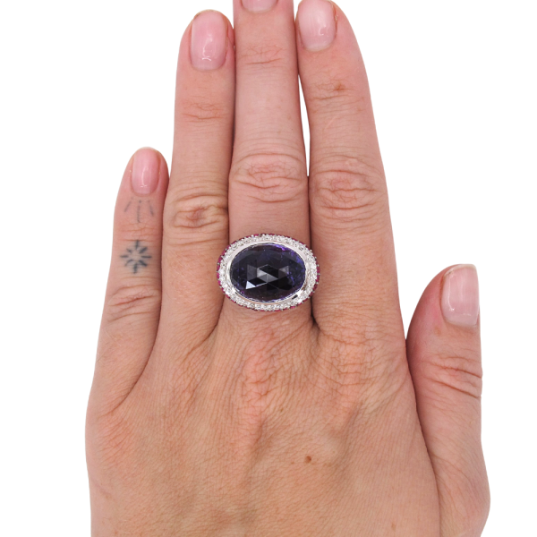 15.56ctw Amethyst & Ruby Statement Ring 18K White Gold Modeled
