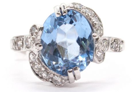 6 Carat Blue Topaz Platinum Ring with Diamonds