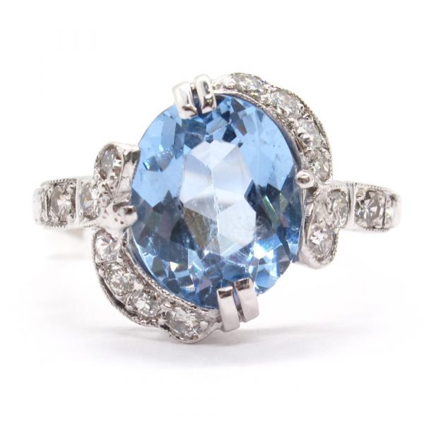 6 Carat Blue Topaz Platinum Ring with Diamonds