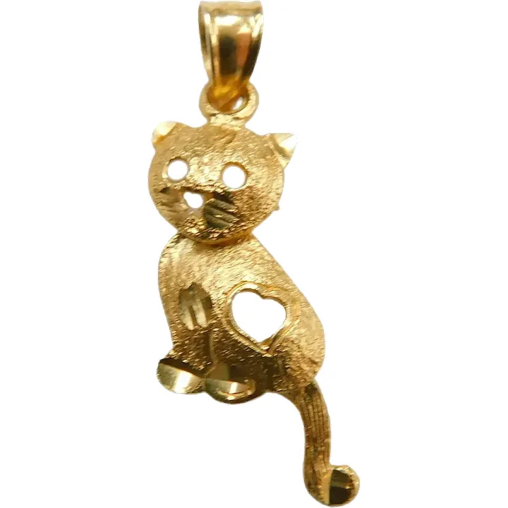 Adorable Articulated Cat Pendant 14K Yellow Gold