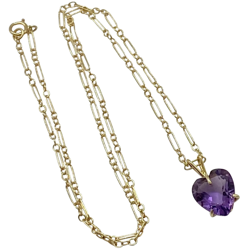 Amethyst Heart Pendant Necklace 2.50 Carat 14K Gold, February Birthstone