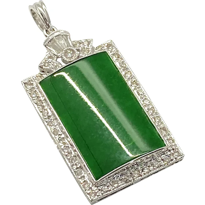 Apple Green Jade and Diamond Pendant 18K White Gold