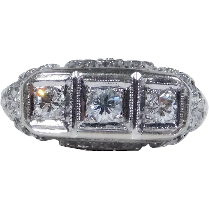 Art Deco Three Stone .52ctw Diamond Filigree Ring 14K Gold