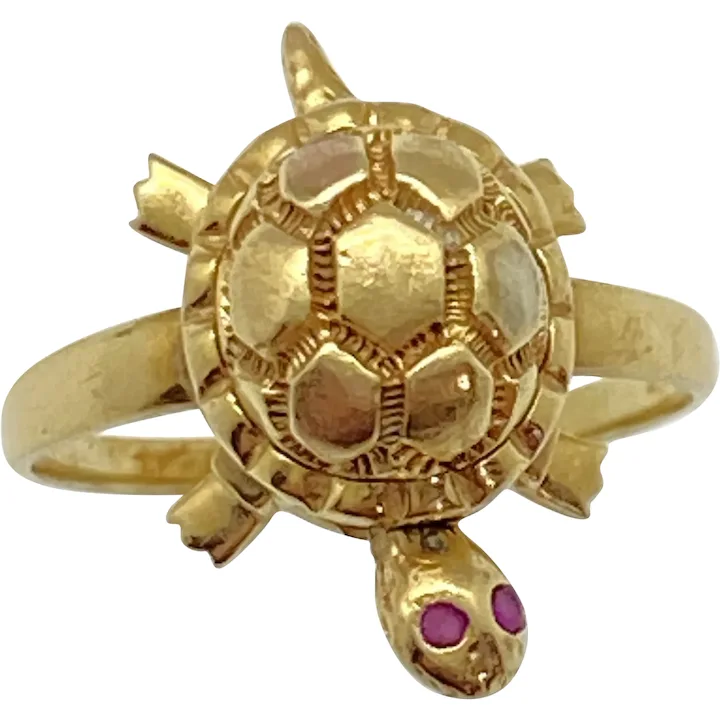 Articulated Moving TURTLE Ring 14K Gold and Ruby