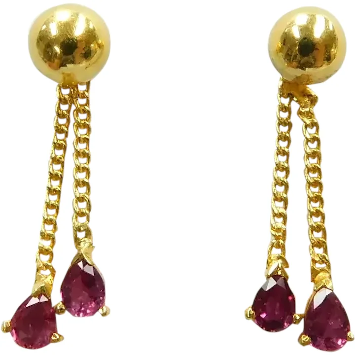 Baht Gold Ball Studs with .80ctw Ruby Dangle Earrings 22K Yellow Gold