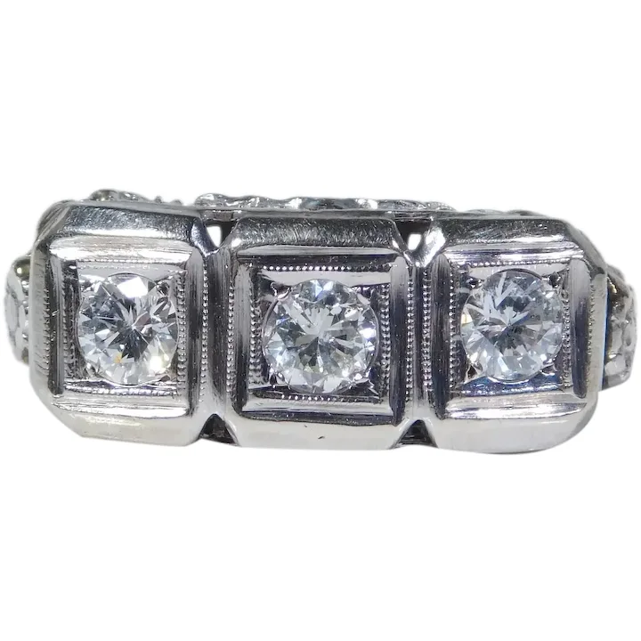 Art Deco Three Stone .75ctw Diamond Ring 14K Gold