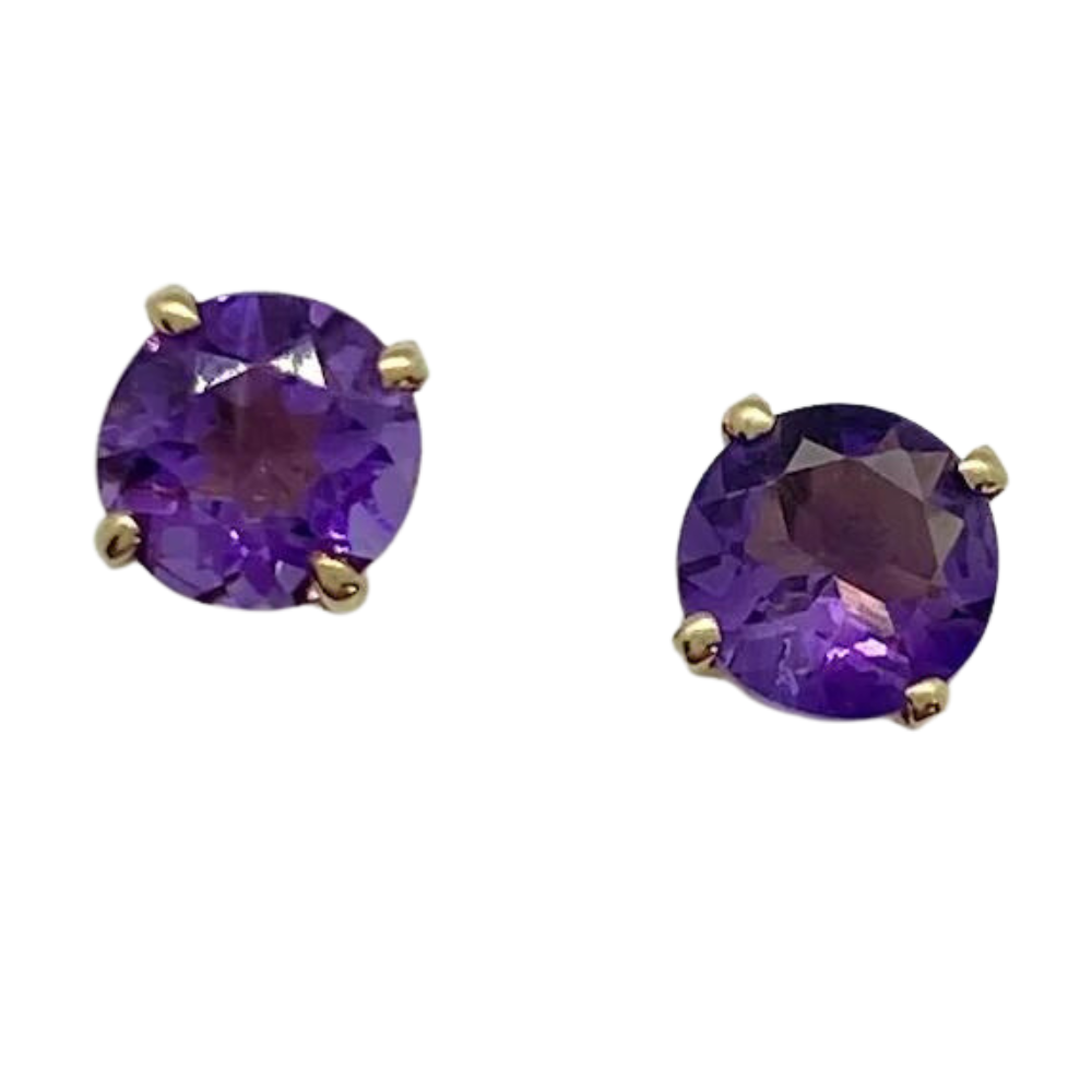 Classic Amethyst Stud Earrings 14K .96 Carat Round Faceted February Birthstone