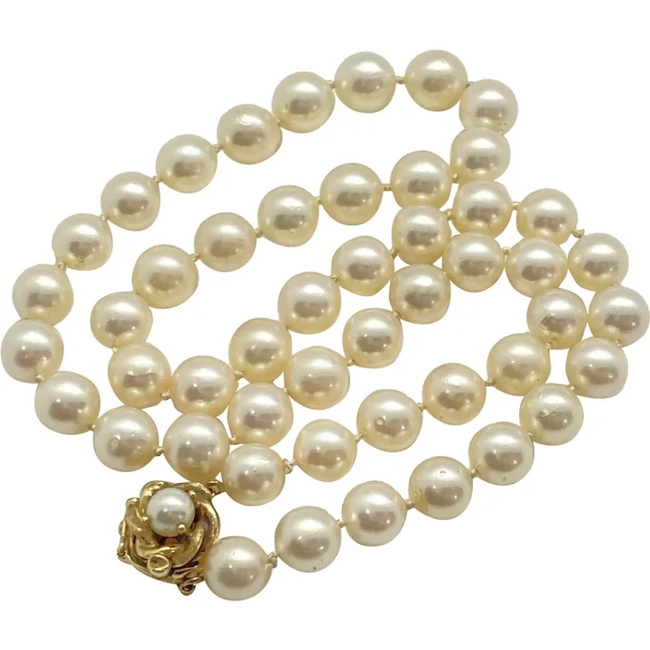 Cultured Pearl Strand Necklace 16" Length 7.4 mm 14K Gold