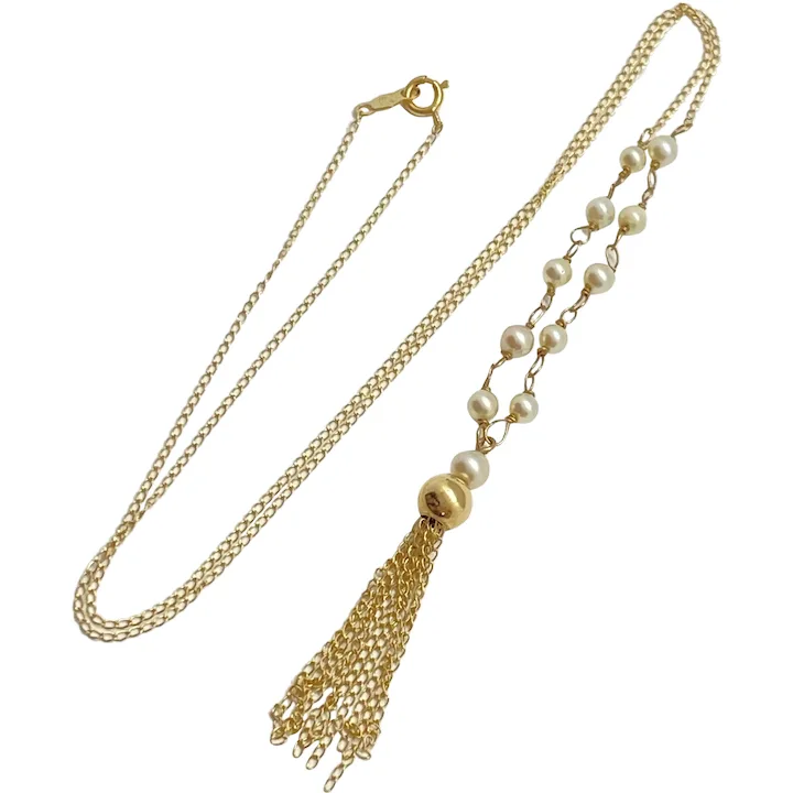 Cultured Pearl Tassel Necklace 14K Gold