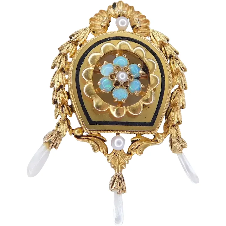 Detailed Victorian Revival Pearl & Opal Brooch / Pendant 14K Gold
