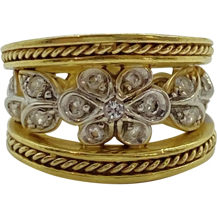 Diamond Floral Trellis Ring 18K Two-Tone Gold .34 Carats Designer