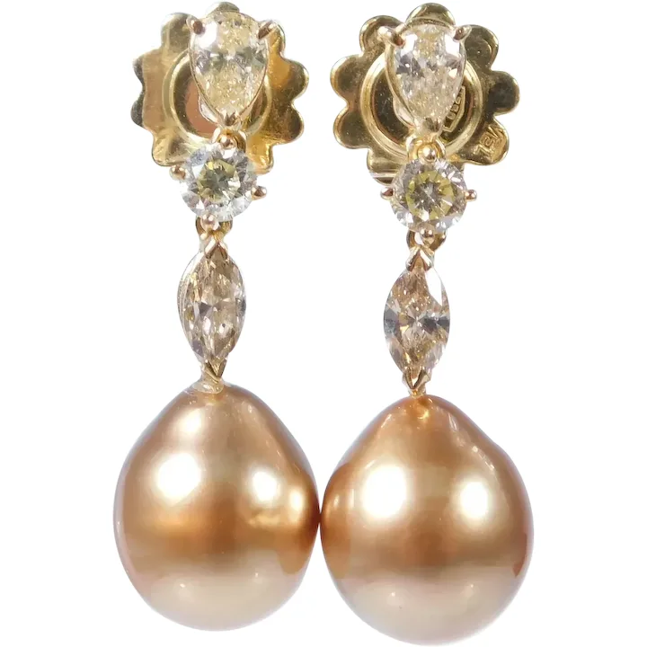 1.50ctw Champagne Diamond & Golden South Seed Pearl Dangle Earrings