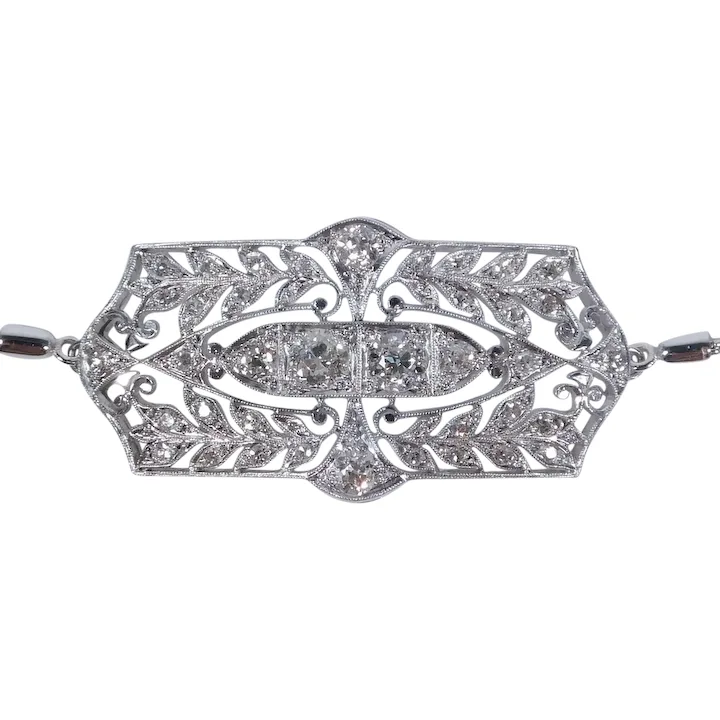 Art Deco 1.15ctw Diamond Bar Bolo Bracelet Platinum & 14K White Gold