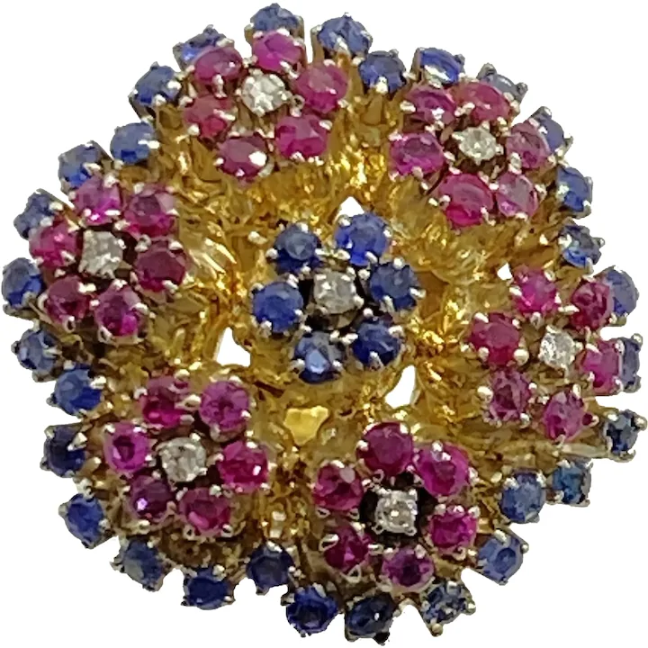 Flower Ring 18K Gold Ruby Sapphire and Diamond 3.02 Carats