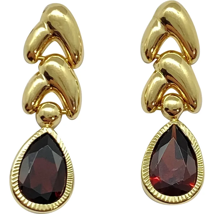 Garnet Dangle Earrings 14K Gold 4.30 Carat Pear Faceted