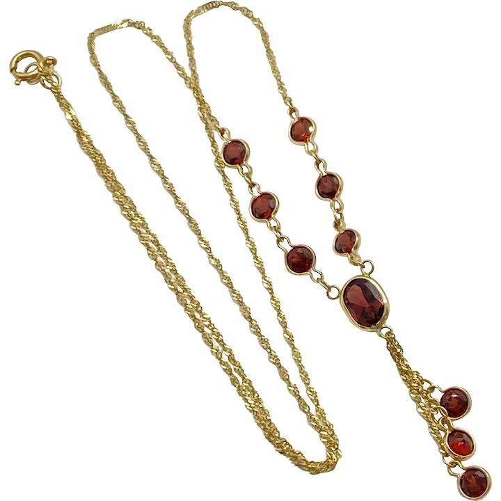 Garnet Gemstone Tassel Y Necklace 14K Gold