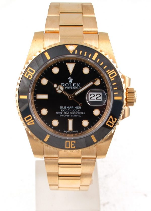Pre-Owned Rolex Submariner 40MM 2018 18kt Yellow Gold Watch With Black Dial And Black Ceramic Bezel With Oyster Band Model# 116618LN front view
