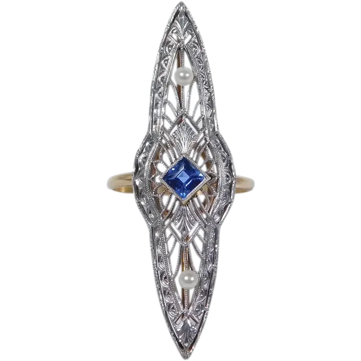 Art Deco .38ct Ceylon Sapphire & Seed Pearl Navette Ring 18K Two Tone Gold