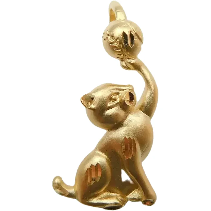 Kitten Playing with a Ball Pendant 14K Yellow Gold