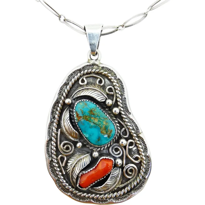 LARGE Sterling Silver Turquoise and Coral Pendant With 23