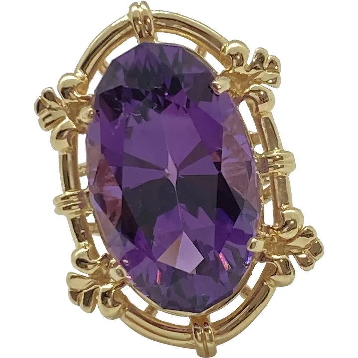 BIG Amethyst Solitaire Statement Ring 14K Gold 21.63 Carats