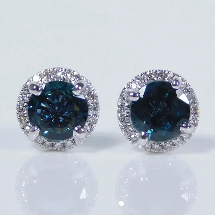 1.218ctw Natural Green-Blue Sapphire & Diamond Halo Stud Earrings 14K White Gold