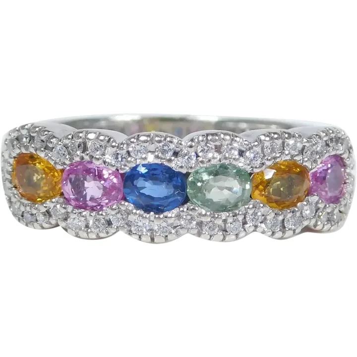 Multicolored 1.55ctw Sapphire & Diamond Band Ring 14K White Gold