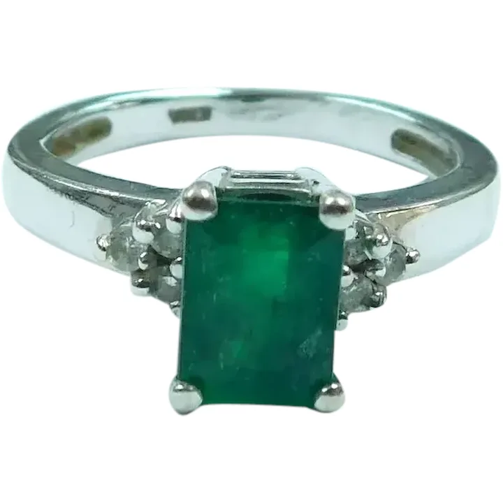 Natural 1.07ctw Emerald & Diamond Ring 14K White Gold