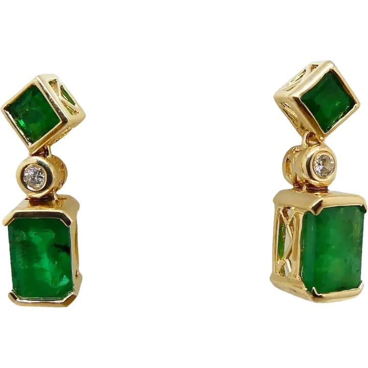 Natural 2.52ctw Emerald & Diamond Dangle Earrings 14K Yellow Gold
