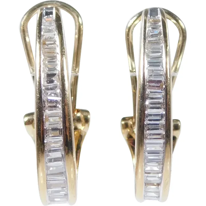 Omega Back .42ctw Diamond Baguette J Gold Hoop Earrings 14K