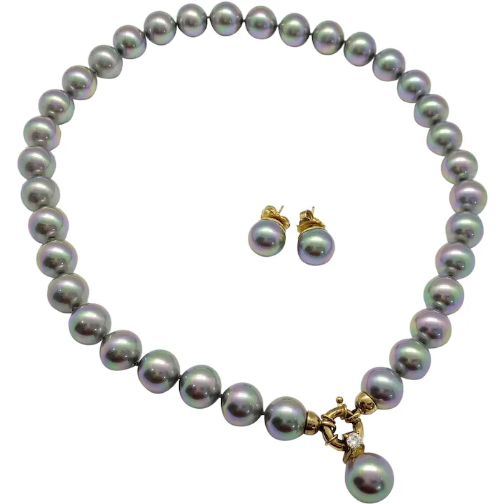 Parure Set Necklace, Pendant and Earrings 12 mm Imitation Peacock Tahitian Pearl