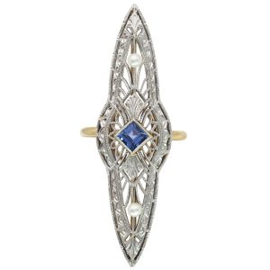 Pearl & Sapphire Filigree Navette Art Deco Ring 18K White & Yellow Gold