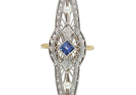 Pearl & Sapphire Filigree Navette Art Deco Ring 18K White & Yellow Gold