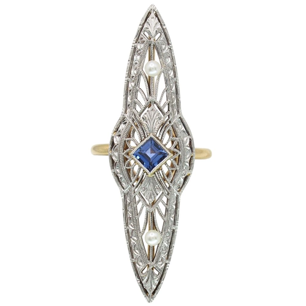 Pearl & Sapphire Navette Art Deco Ring 18K