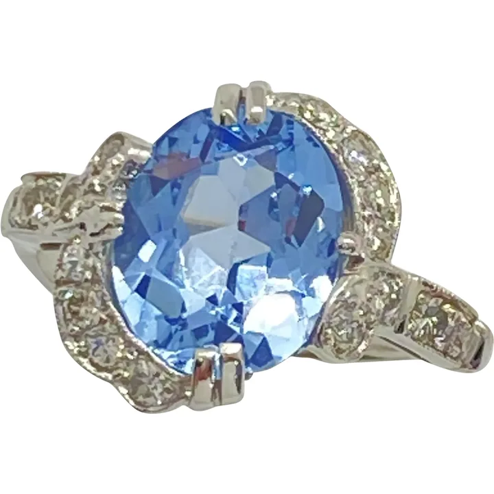 Platinum Blue Topaz and Diamond Vintage Ring 6.50 Carats tgw